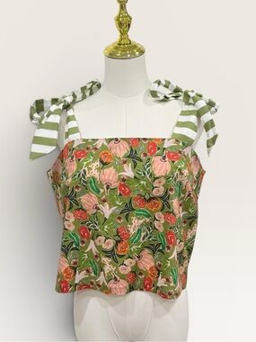 BURU X-Large Pillar Sleeveless Shoulder Tie Top Sage Green Floral/Stripe NWT